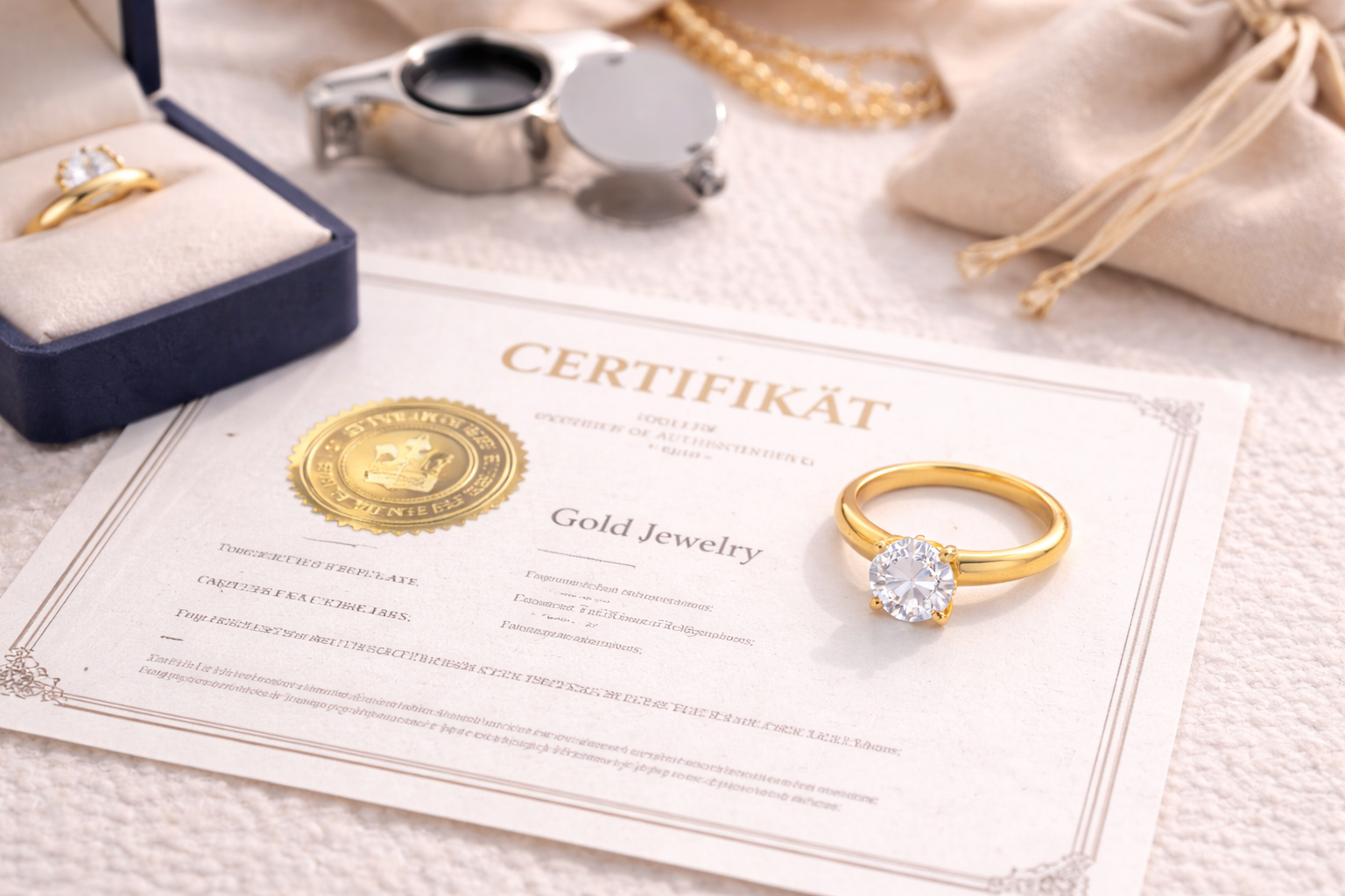 Zlatý prsteň položený na certifikáte pravosti so zlatníckou lupou – overenie pravosti a kvality zlatého šperku.