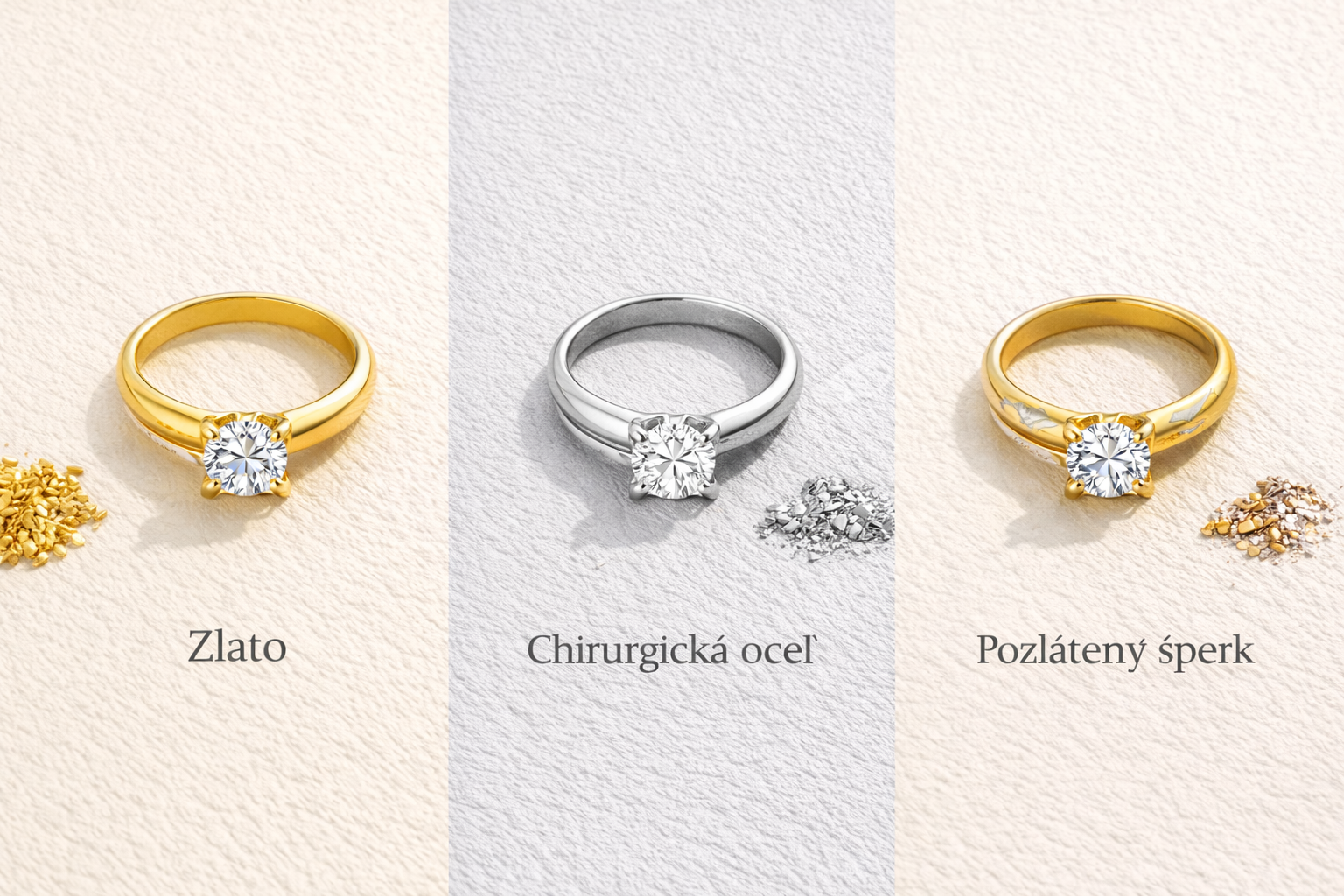 tri prstene na ľavo číste zlatý v strede chirugcká oceľ a na pravo pozlatený prsteň