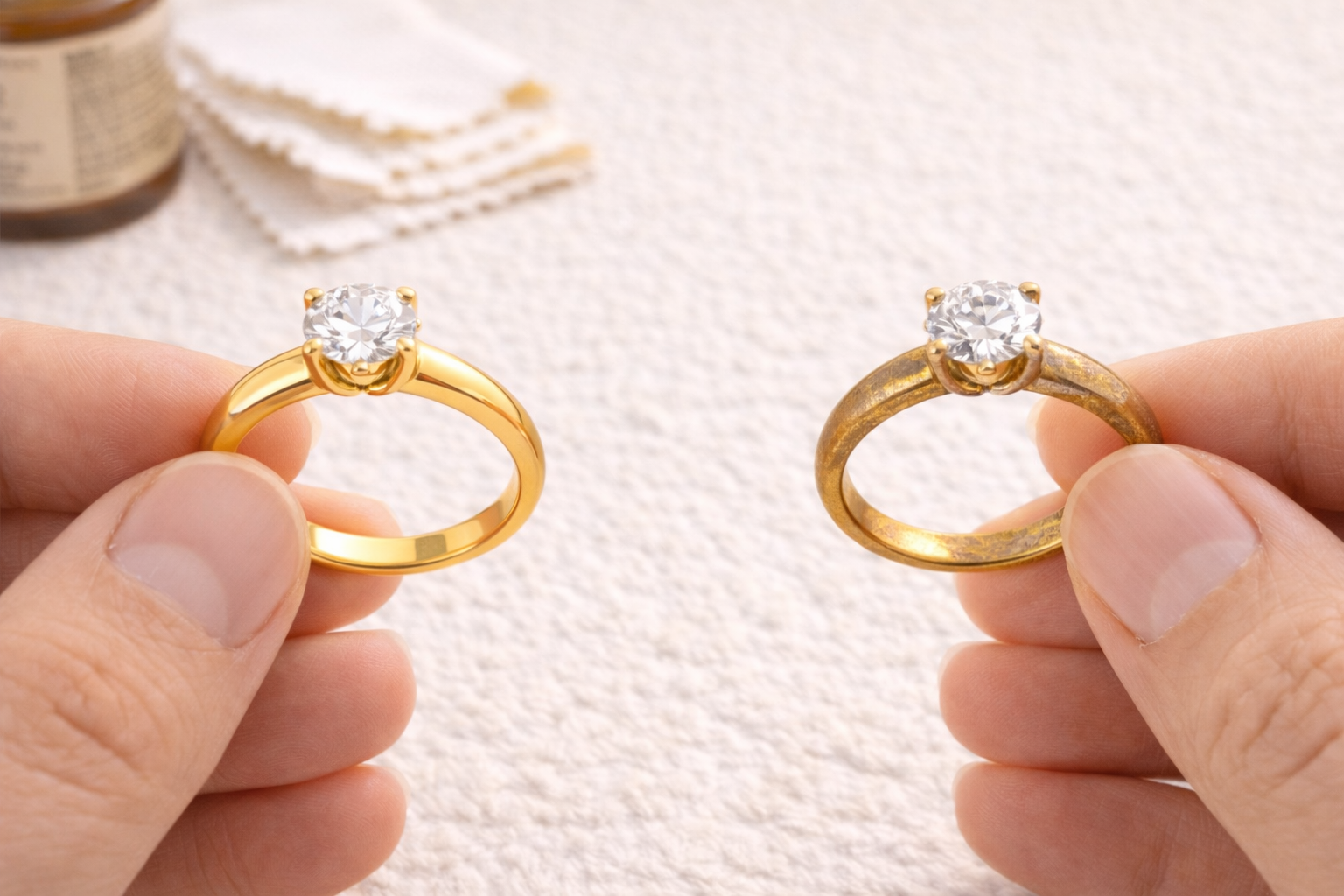 Porovnanie nového a opotrebovaného zlatého prsteňa – jemná zmena farby zlata vplyvom nosenia a času