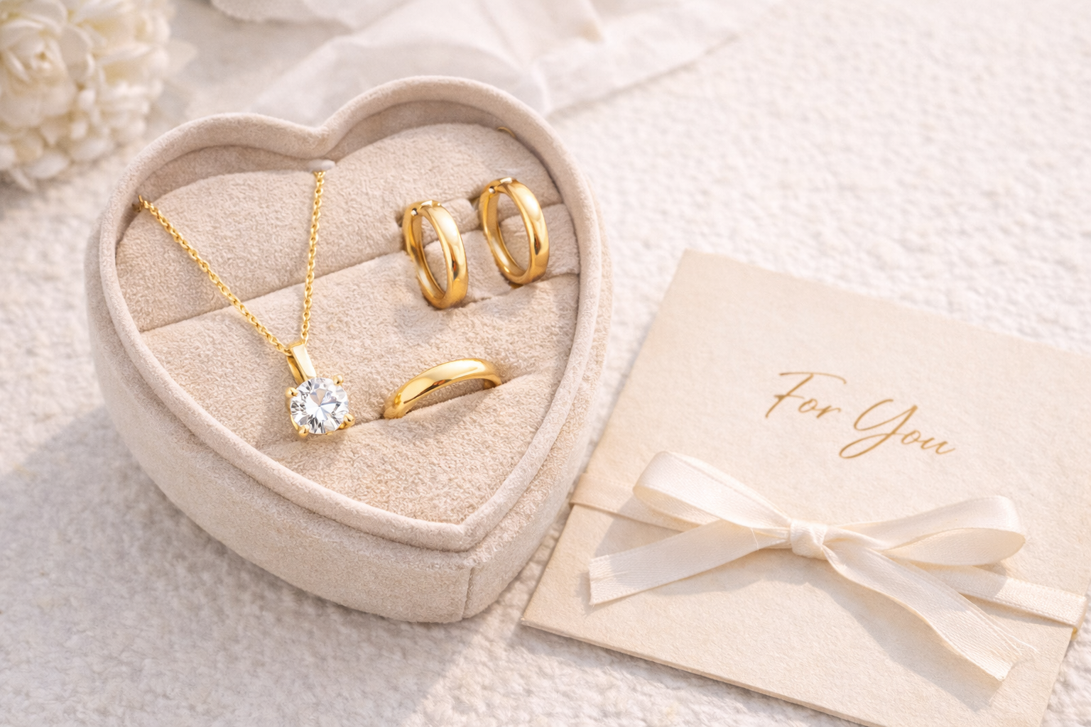 Nadčasové zlaté šperky ako darček – jednoduchý náhrdelník, náušnice a prsteň v elegantnom balení vhodné pri neznámom vkuse