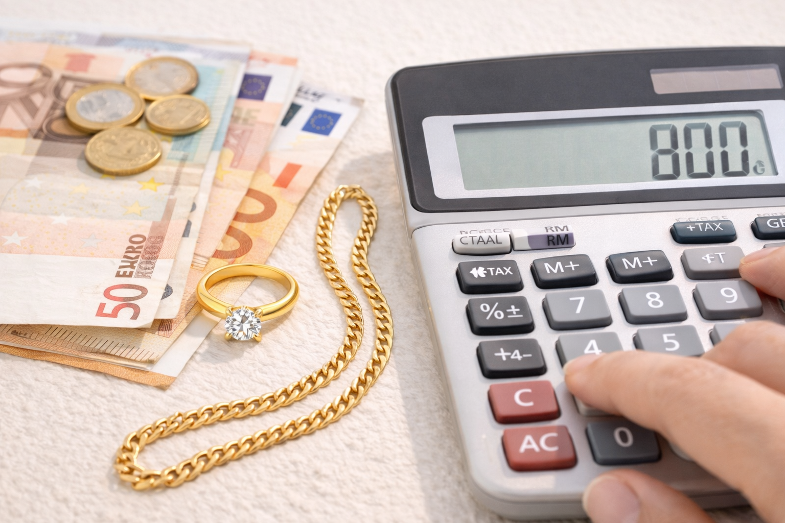 kalkulačka zobrazujúc priemernú cenu šperku a papierové peniaze položené vedľa nej splu s zlatou reatiazkou a prteňom