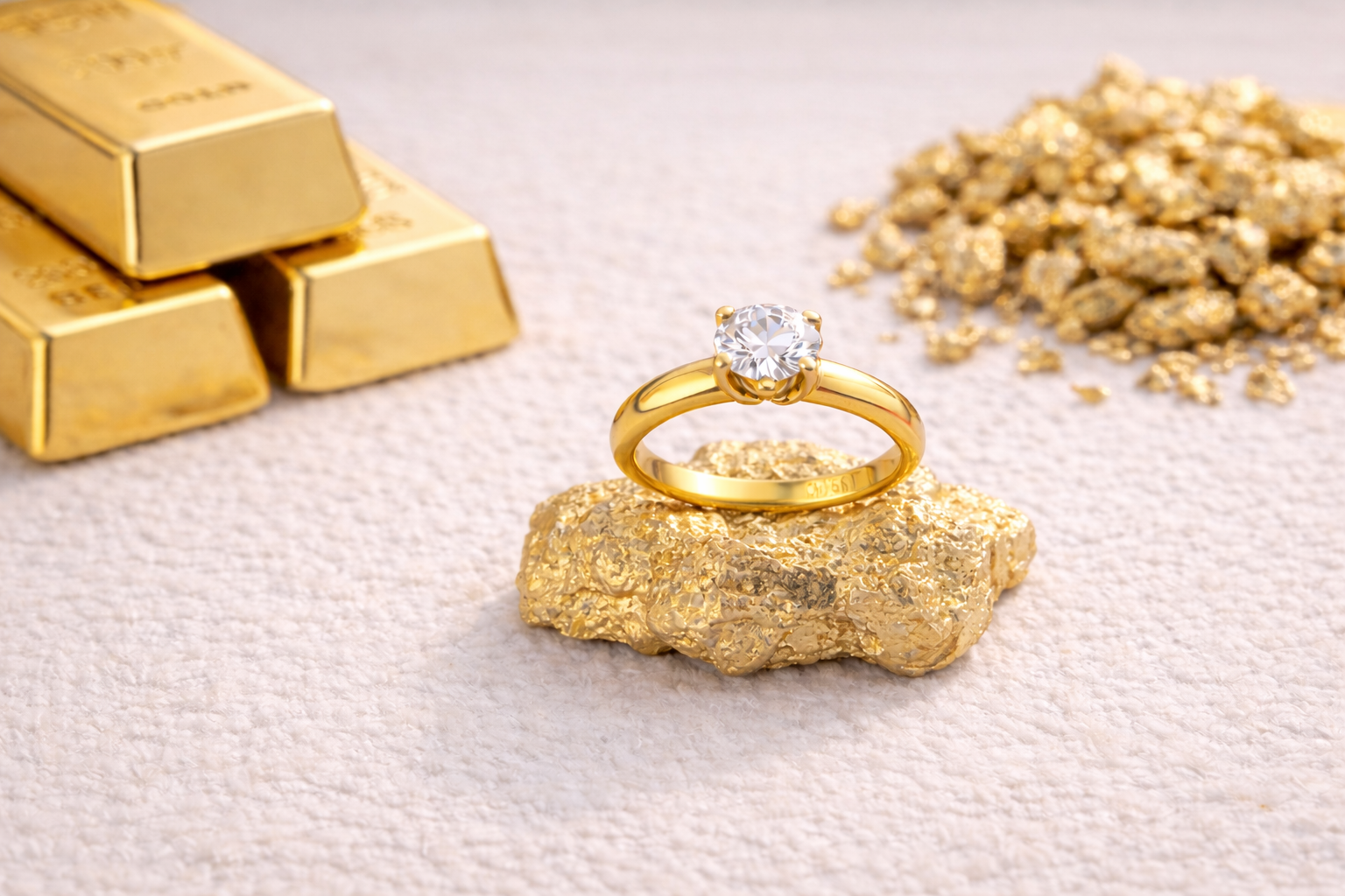 na pozadí zlaté tehličky a prsteň s dimanatíkom