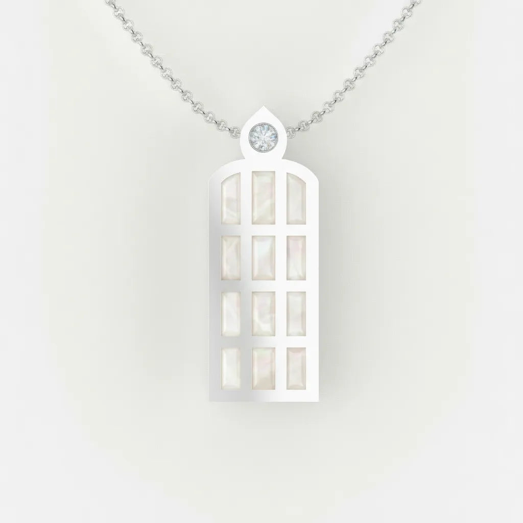 Náhrdelník z bieleho zlata CREYO LUMEN s perlovým enamelom a zirkónom – pohľad spredu