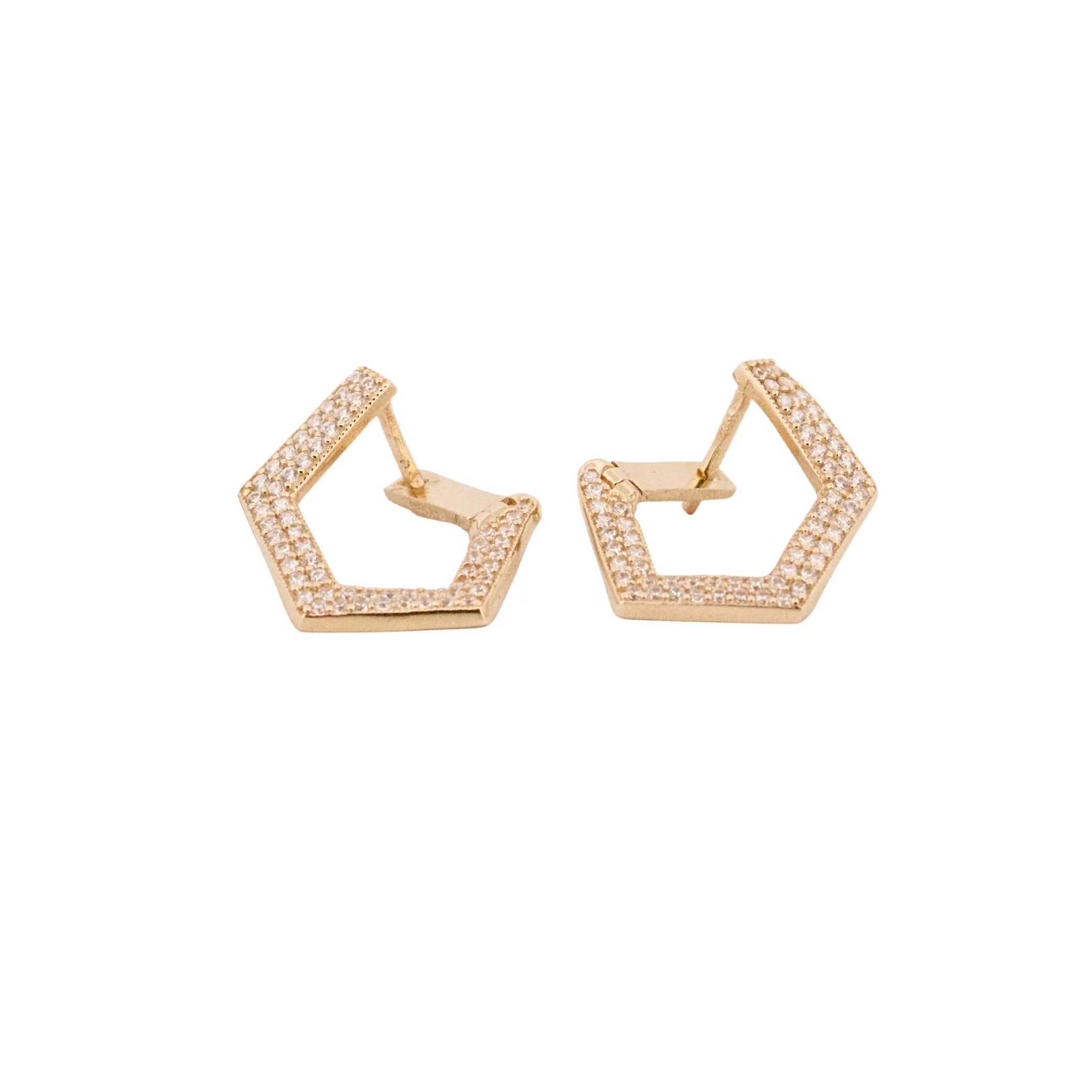 Moderné náušnice z 14k zlata s päťuholníkovým tvarom a detailným osadením zirkónmi
