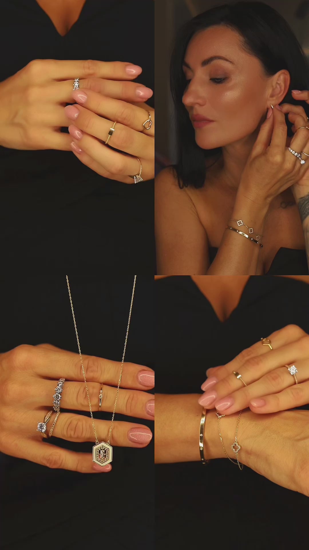 Zlatý bangle náramok CREYO STRUCTURA zo 14-karátového žltého zlata so zirkónmi a geometrickou vnútornou štruktúrou. Video zvýrazňuje pevný tvar, luxusný lesk a detailné remeselné spracovanie.