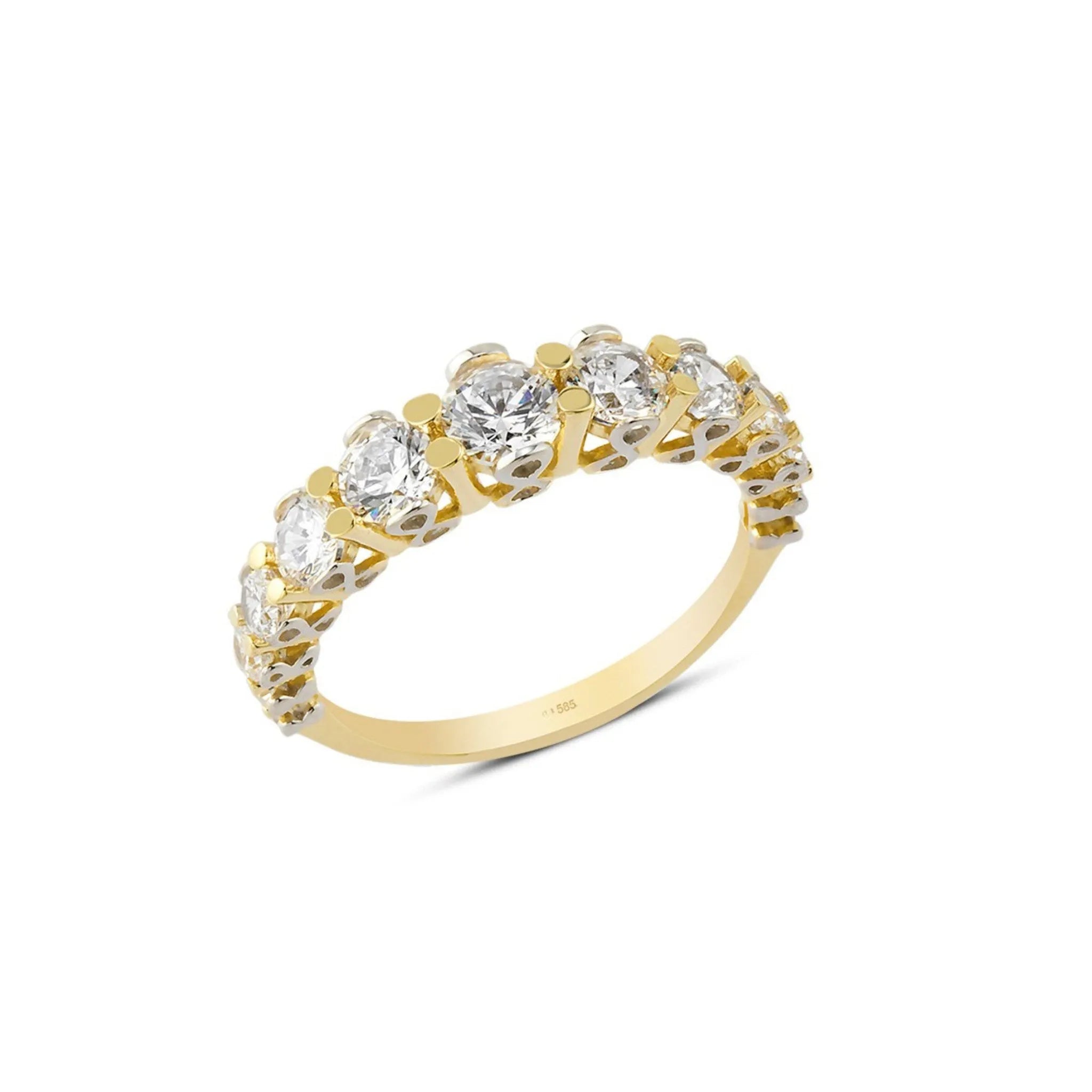 Luxusný prsteň zo 14K žltého zlata s celookruhovým osadením zirkónov a výrazným dekoratívnym detailom. 